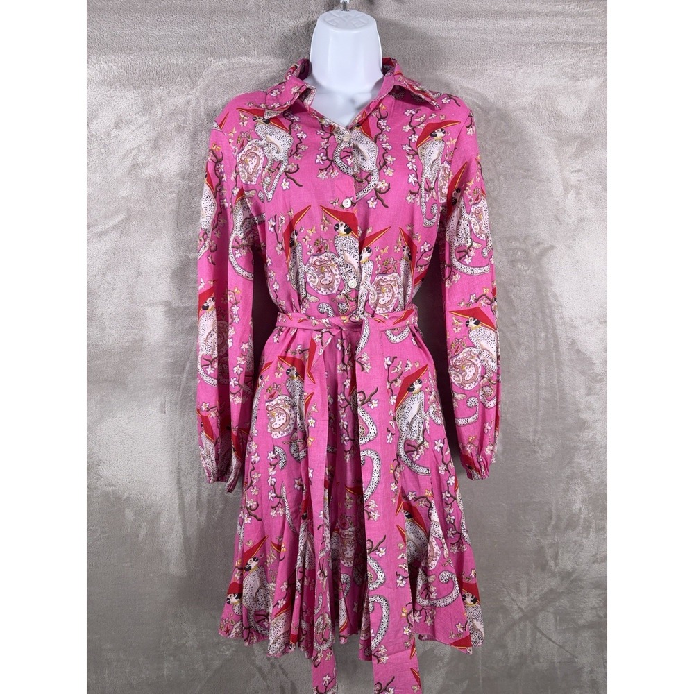 Mary Marshmallow Shirt Dress Womens XS Pink Bird Paisley Print Belted Mini